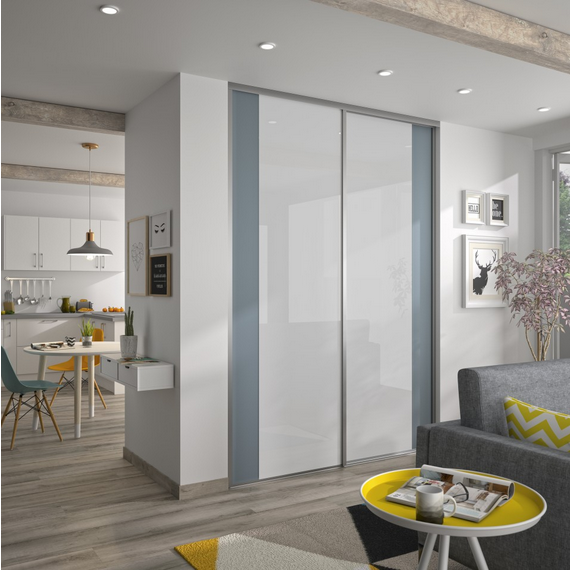 Porte Lido et Doli 
Bleu Grisé Mat et Blanc Brillant - Profil Bahia Anodisé Gris.